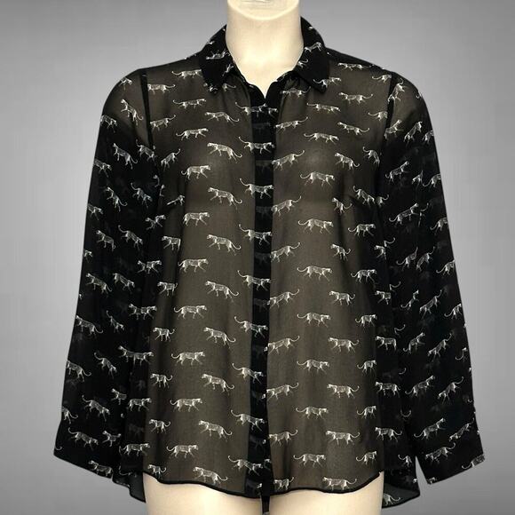 Lane Bryant Women Top Plus 14 Black Sheer Cheetah Leopard Classic Retro Office - Picture 1 of 15